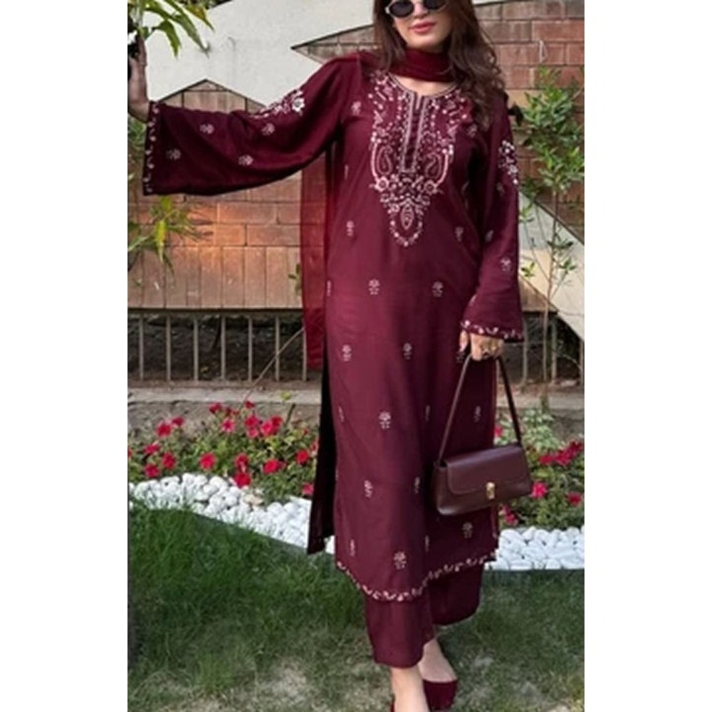 Saibaan 3pc Noorie Women's Linen Long Kurta Set - Top, Bottom, Dupatta - Wine L